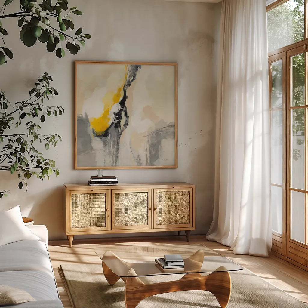 Light and Shadow by Silvia Vassileva. Shown in a natural wood frame in a cozy modern living room. Available as an archival giclee rolled canvas, fine art paper, or poster print. SKU 88442a.