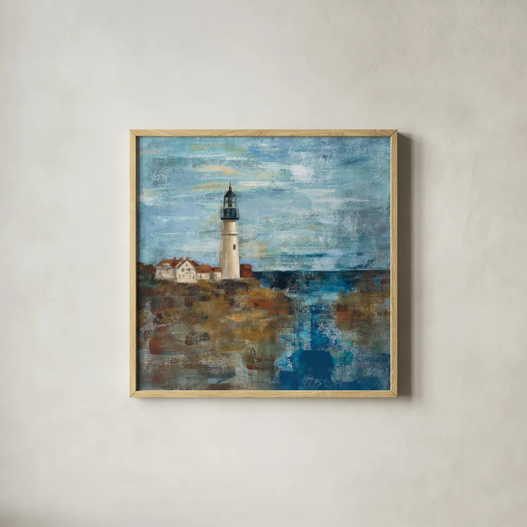 Lighthouse Dream by Silvia Vassileva. Shown in a natural wood glass frame for a timeless modern aesthetic. Available as an archival giclee rolled canvas, fine art paper, or poster print. SKU 11956a.