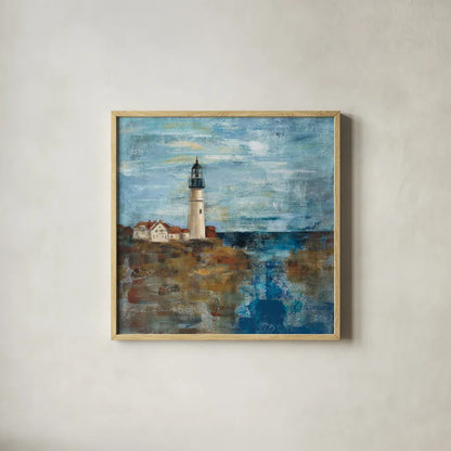Lighthouse Dream by Silvia Vassileva. Shown in a natural wood glass frame for a timeless modern aesthetic. Available as an archival giclee rolled canvas, fine art paper, or poster print. SKU 11956a.