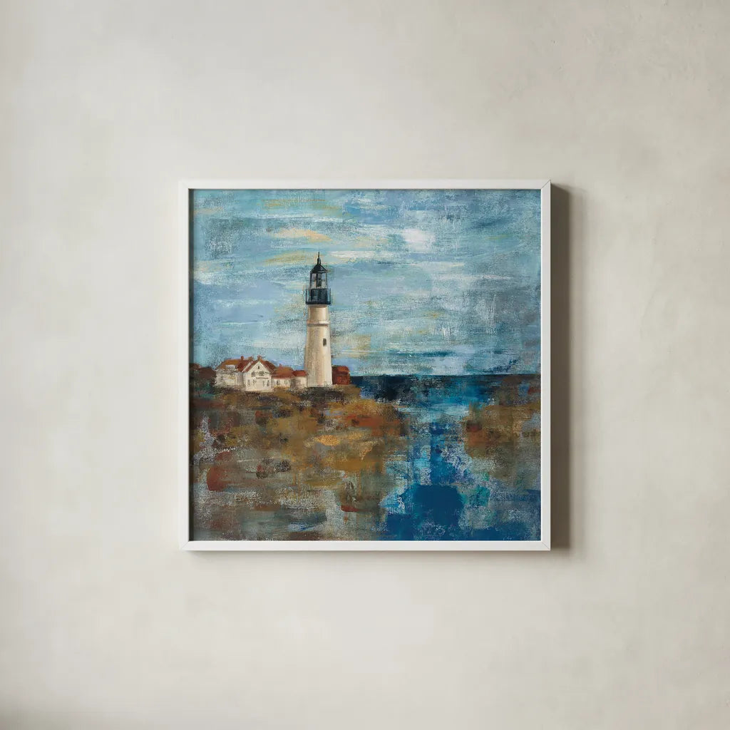 Lighthouse Dream by Silvia Vassileva. Shown in a crisp white glass frame for a clean and minimalist style. Available as an archival giclee rolled canvas, fine art paper, or poster print. SKU 11956a.