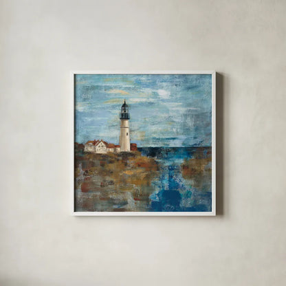 Lighthouse Dream by Silvia Vassileva. Shown in a crisp white glass frame for a clean and minimalist style. Available as an archival giclee rolled canvas, fine art paper, or poster print. SKU 11956a.