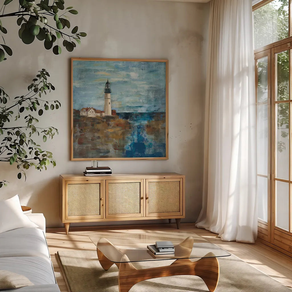 Lighthouse Dream by Silvia Vassileva. Shown in a natural wood frame in a cozy modern living room. Available as an archival giclee rolled canvas, fine art paper, or poster print. SKU 11956a.