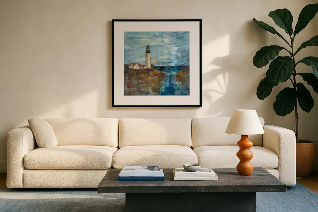 Lighthouse Dream by Silvia Vassileva. Displayed in a glass frame with matte in a clean modern living room. Available as an archival giclee rolled canvas, fine art paper, or poster print. SKU 11956a.