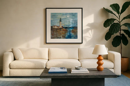 Lighthouse Dream by Silvia Vassileva. Displayed in a glass frame with matte in a clean modern living room. Available as an archival giclee rolled canvas, fine art paper, or poster print. SKU 11956a.