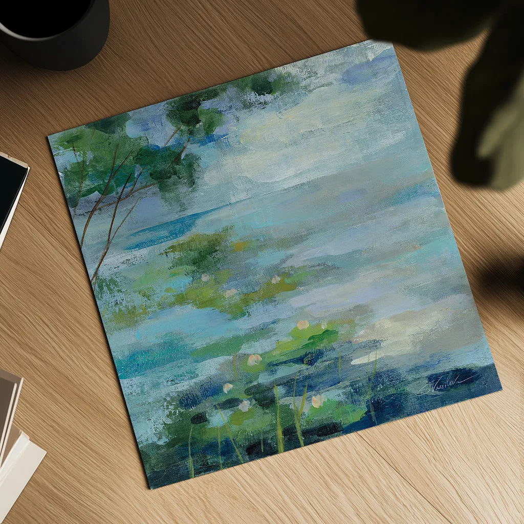 Lily Pond I by Silvia Vassileva. Shown as a detailed flat fine art print, highlighting archival giclee quality. Available as an archival giclee rolled canvas, fine art paper, or poster print. SKU 18560a.