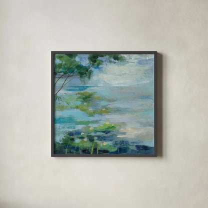 Lily Pond I by Silvia Vassileva. Shown in a sleek black glass frame for a contemporary gallery look. Available as an archival giclee rolled canvas, fine art paper, or poster print. SKU 18560a.