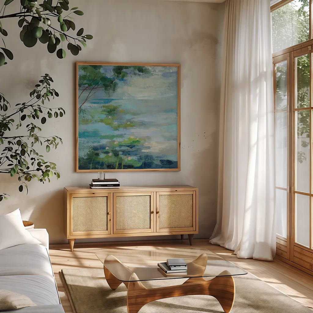 Lily Pond I by Silvia Vassileva. Shown in a natural wood frame in a cozy modern living room. Available as an archival giclee rolled canvas, fine art paper, or poster print. SKU 18560a.