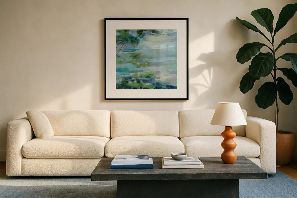 Lily Pond I by Silvia Vassileva. Displayed in a glass frame with matte in a clean modern living room. Available as an archival giclee rolled canvas, fine art paper, or poster print. SKU 18560a.