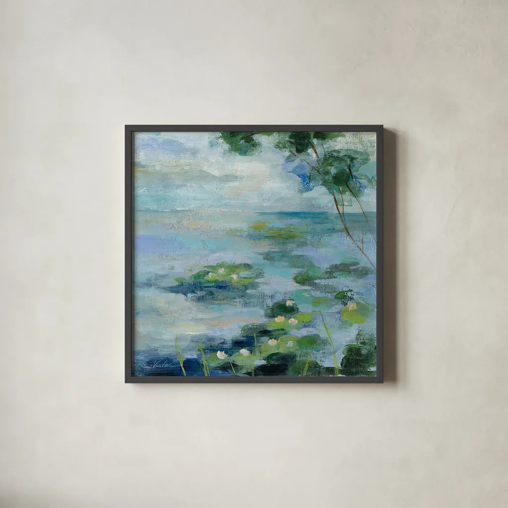 Lily Pond II by Silvia Vassileva. Shown in a sleek black glass frame for a contemporary gallery look. Available as an archival giclee rolled canvas, fine art paper, or poster print. SKU 18561a.