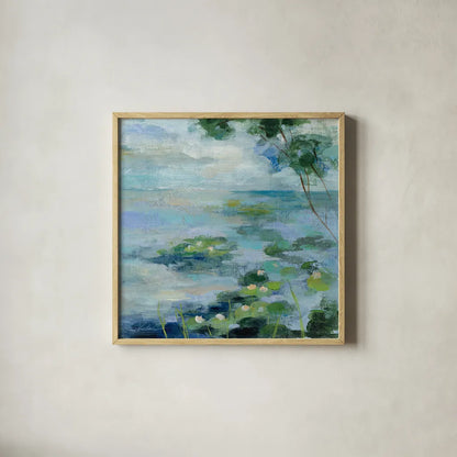 Lily Pond II by Silvia Vassileva. Shown in a natural wood glass frame for a timeless modern aesthetic. Available as an archival giclee rolled canvas, fine art paper, or poster print. SKU 18561a.