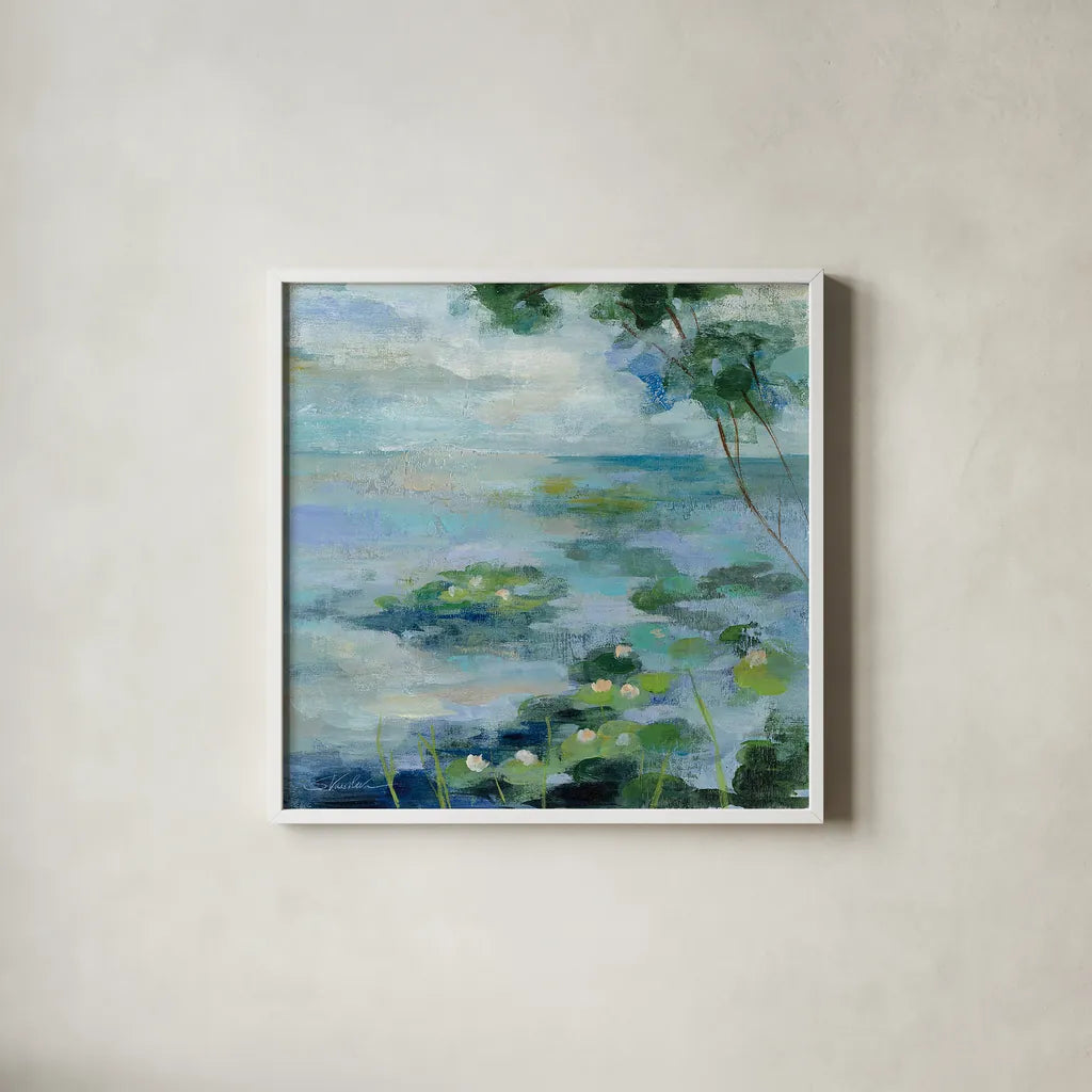 Lily Pond II by Silvia Vassileva. Shown in a crisp white glass frame for a clean and minimalist style. Available as an archival giclee rolled canvas, fine art paper, or poster print. SKU 18561a.