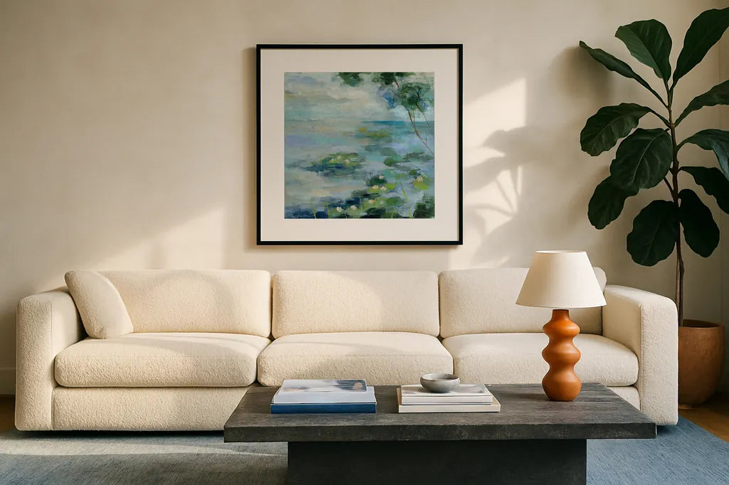 Lily Pond II by Silvia Vassileva. Displayed in a glass frame with matte in a clean modern living room. Available as an archival giclee rolled canvas, fine art paper, or poster print. SKU 18561a.