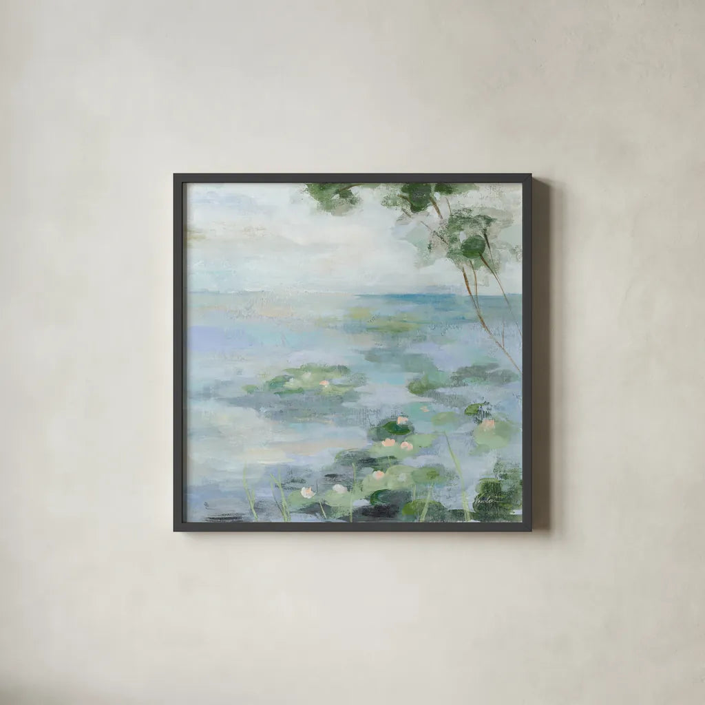 Lily Pond II Light by Silvia Vassileva. Shown in a sleek black glass frame for a contemporary gallery look. Available as an archival giclee rolled canvas, fine art paper, or poster print. SKU 75895a.