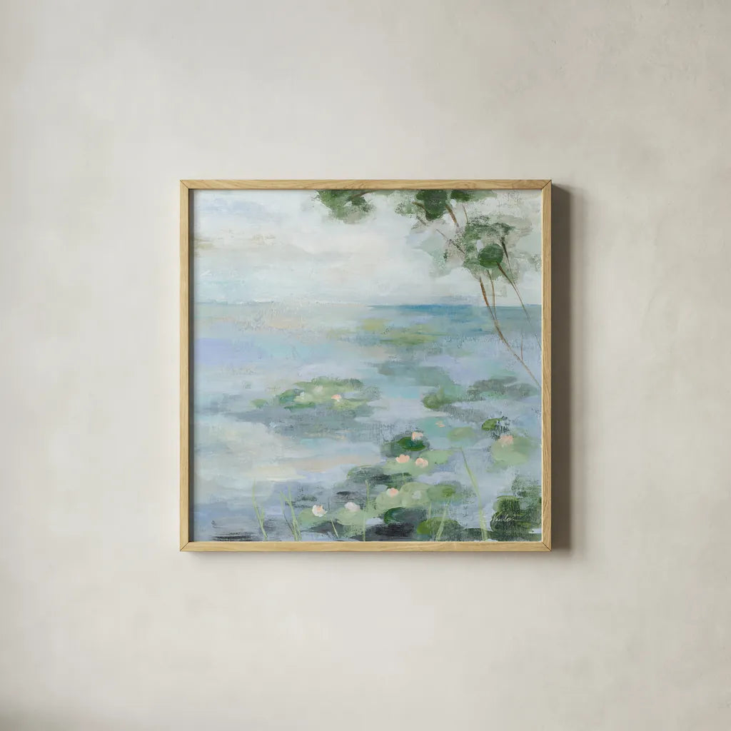 Lily Pond II Light by Silvia Vassileva. Shown in a natural wood glass frame for a timeless modern aesthetic. Available as an archival giclee rolled canvas, fine art paper, or poster print. SKU 75895a.