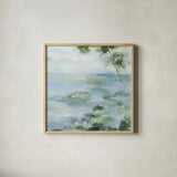 Lily Pond II Light by Silvia Vassileva. Shown in a natural wood glass frame for a timeless modern aesthetic. Available as an archival giclee rolled canvas, fine art paper, or poster print. SKU 75895a.