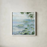 Lily Pond II Light by Silvia Vassileva. Shown in a crisp white glass frame for a clean and minimalist style. Available as an archival giclee rolled canvas, fine art paper, or poster print. SKU 75895a.