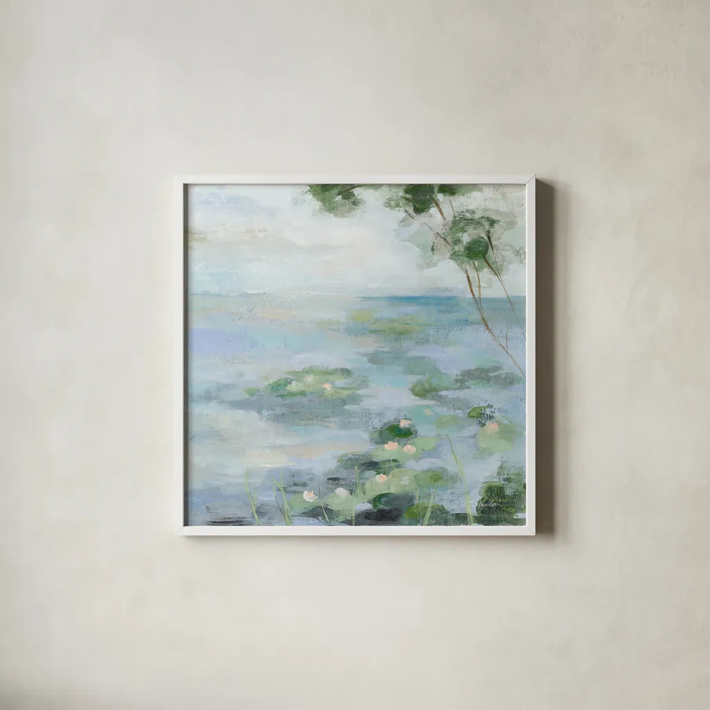 Lily Pond II Light by Silvia Vassileva. Shown in a crisp white glass frame for a clean and minimalist style. Available as an archival giclee rolled canvas, fine art paper, or poster print. SKU 75895a.