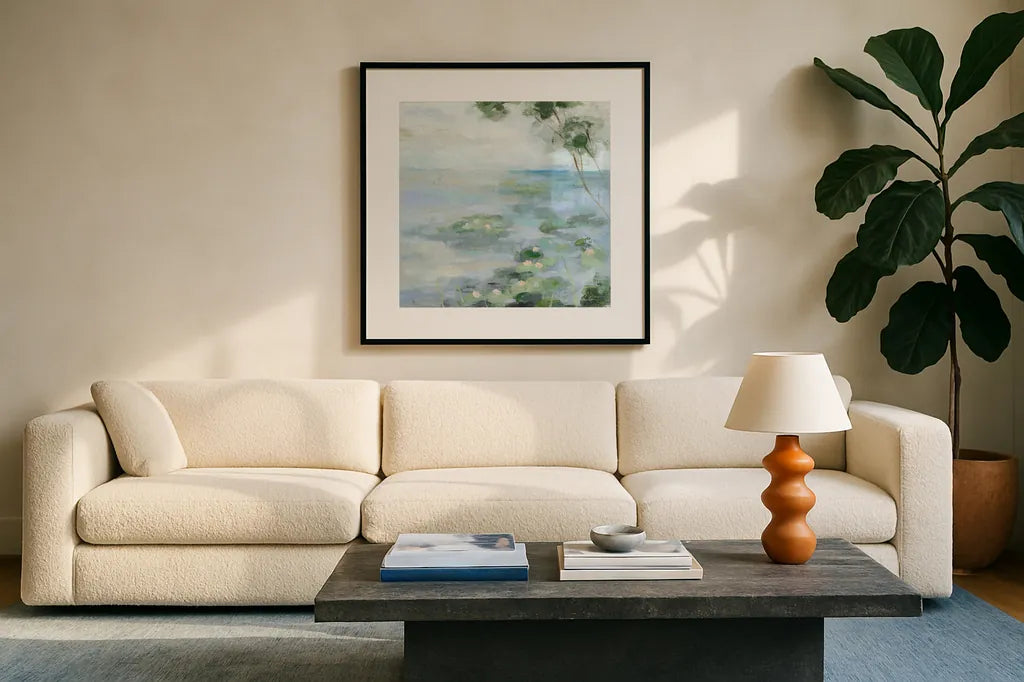 Lily Pond II Light by Silvia Vassileva. Displayed in a glass frame with matte in a clean modern living room. Available as an archival giclee rolled canvas, fine art paper, or poster print. SKU 75895a.