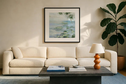 Lily Pond II Light by Silvia Vassileva. Displayed in a glass frame with matte in a clean modern living room. Available as an archival giclee rolled canvas, fine art paper, or poster print. SKU 75895a.