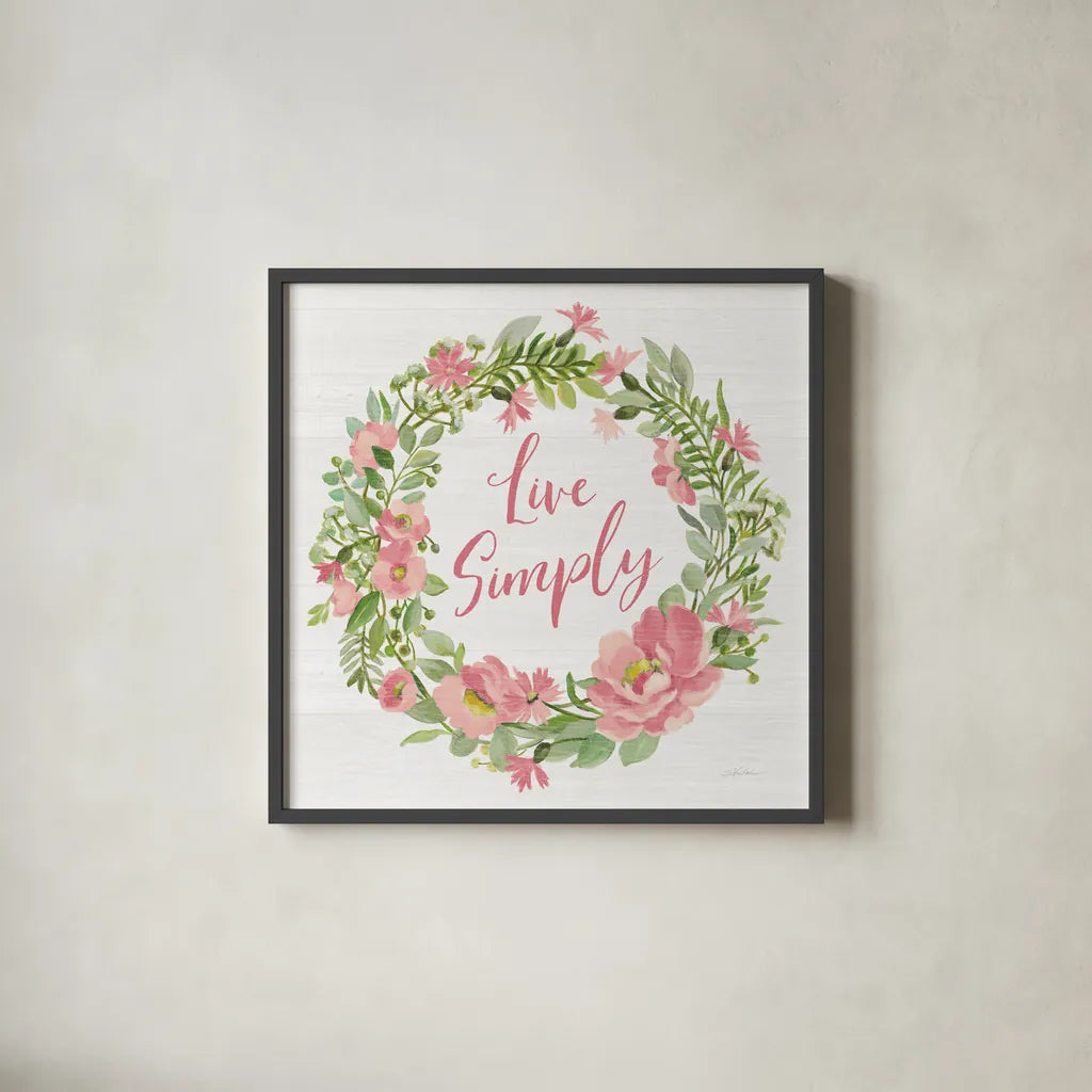 Live Simply Blush by Silvia Vassileva. Shown in a sleek black glass frame for a contemporary gallery look. Available as an archival giclee rolled canvas, fine art paper, or poster print. SKU 61860a.