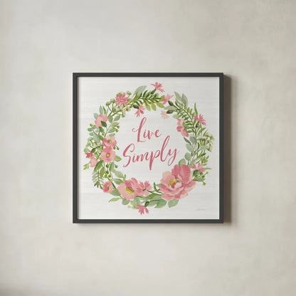 Live Simply Blush by Silvia Vassileva. Shown in a sleek black glass frame for a contemporary gallery look. Available as an archival giclee rolled canvas, fine art paper, or poster print. SKU 61860a.