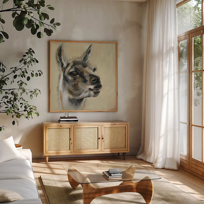 Llama Portrait by Silvia Vassileva. Shown in a natural wood frame in a cozy modern living room. Available as an archival giclee rolled canvas, fine art paper, or poster print. SKU 55652a.
