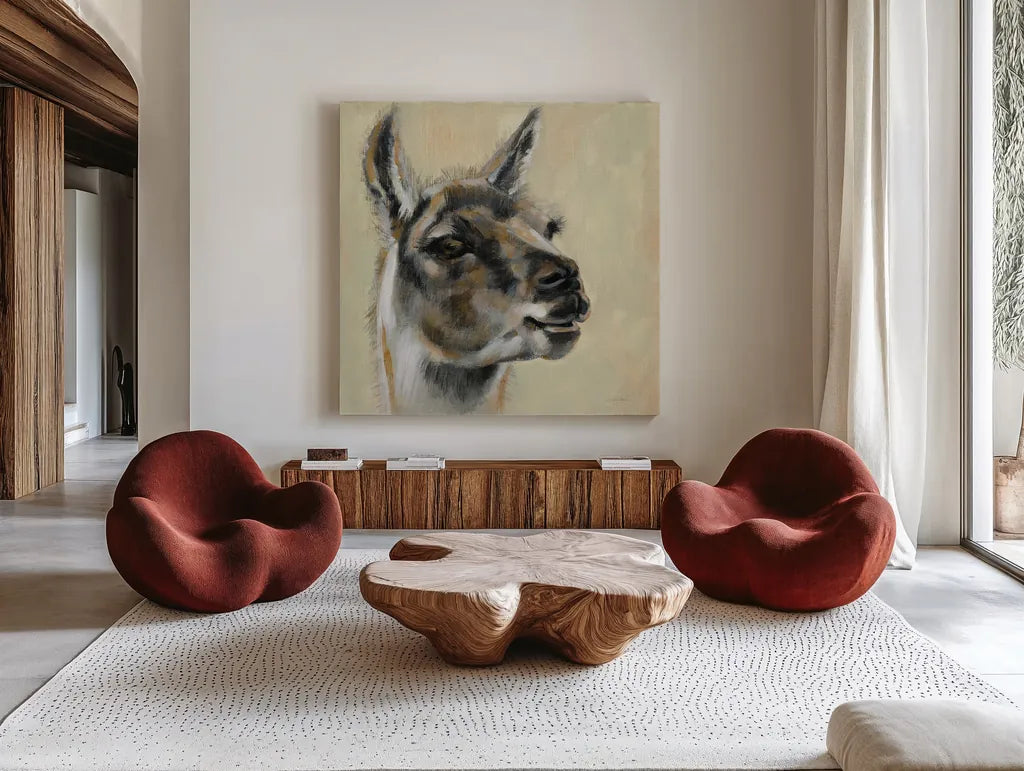 Llama Portrait by Silvia Vassileva. Shown as extra-large giant wall art in a modern living room. Available as an archival giclee rolled canvas, fine art paper, or poster print. SKU 55652a.