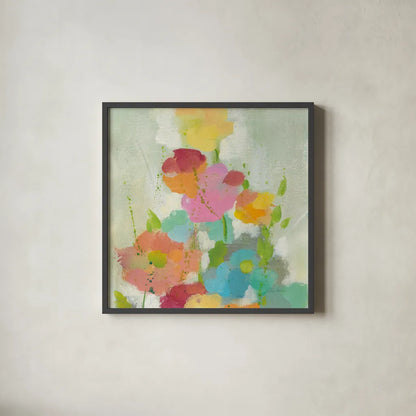 Longstem Bouquet I Square I by Silvia Vassileva. Shown in a sleek black glass frame for a contemporary gallery look. Available as an archival giclee rolled canvas, fine art paper, or poster print. SKU 36440a.