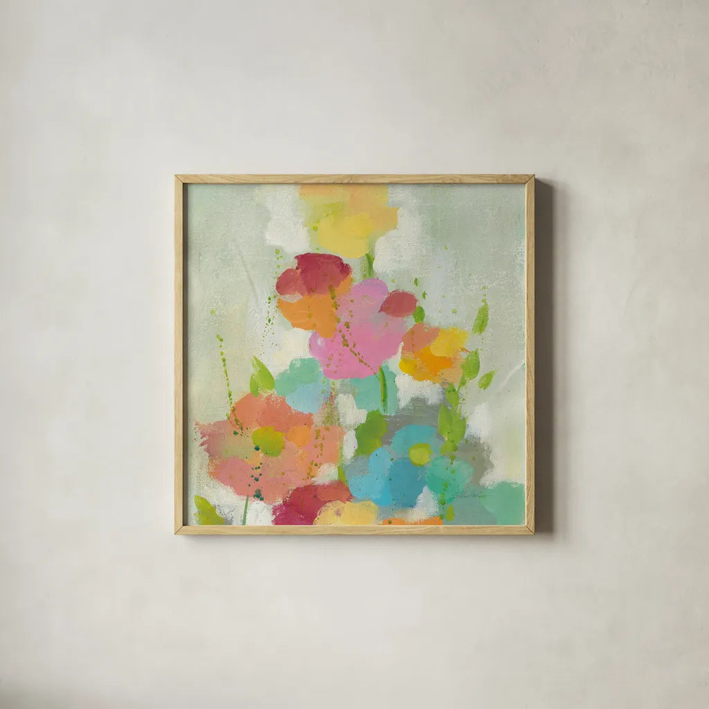 Longstem Bouquet I Square I by Silvia Vassileva. Shown in a natural wood glass frame for a timeless modern aesthetic. Available as an archival giclee rolled canvas, fine art paper, or poster print. SKU 36440a.