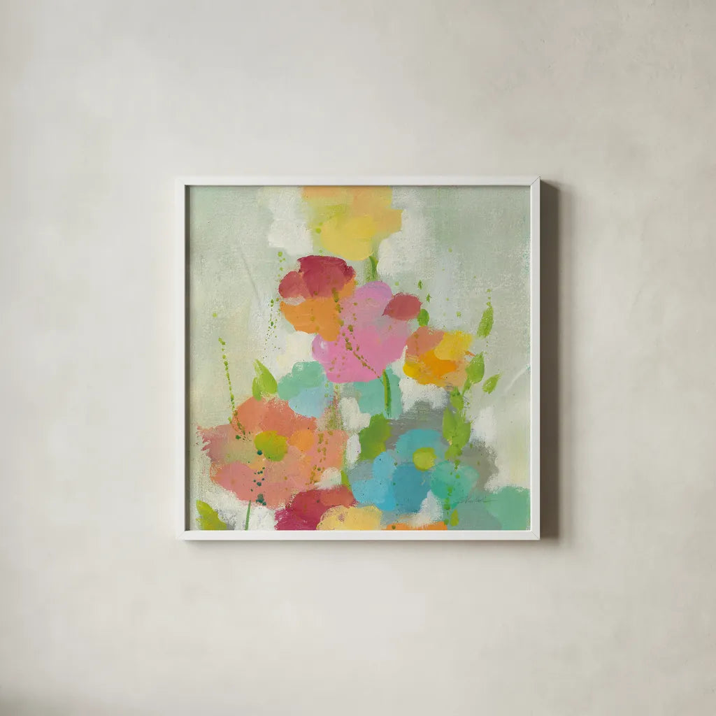 Longstem Bouquet I Square I by Silvia Vassileva. Shown in a crisp white glass frame for a clean and minimalist style. Available as an archival giclee rolled canvas, fine art paper, or poster print. SKU 36440a.