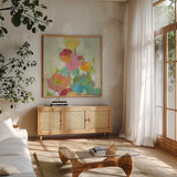 Longstem Bouquet I Square I by Silvia Vassileva. Shown in a natural wood frame in a cozy modern living room. Available as an archival giclee rolled canvas, fine art paper, or poster print. SKU 36440a.