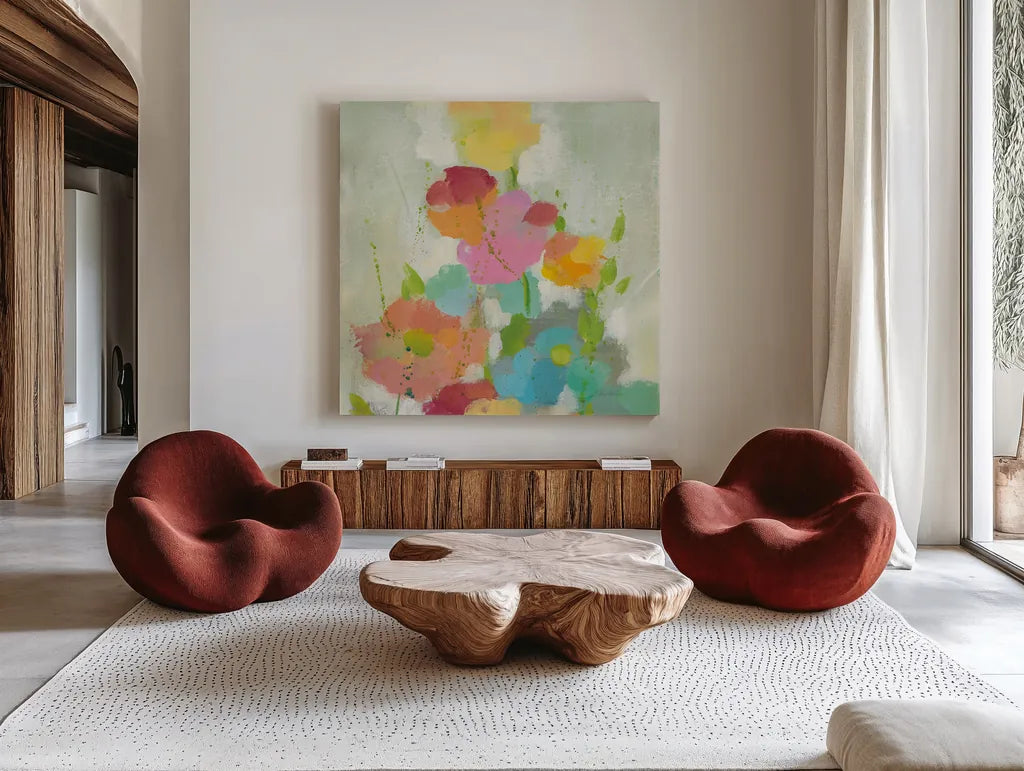 Longstem Bouquet I Square I by Silvia Vassileva. Shown as extra-large giant wall art in a modern living room. Available as an archival giclee rolled canvas, fine art paper, or poster print. SKU 36440a.
