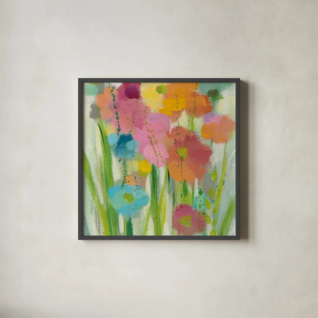 Longstem Bouquet I Square II by Silvia Vassileva. Shown in a sleek black glass frame for a contemporary gallery look. Available as an archival giclee rolled canvas, fine art paper, or poster print. SKU 36441a.