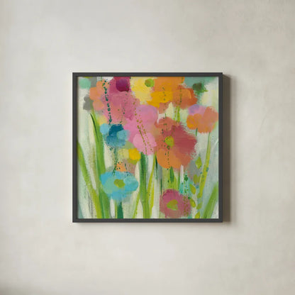 Longstem Bouquet I Square II by Silvia Vassileva. Shown in a sleek black glass frame for a contemporary gallery look. Available as an archival giclee rolled canvas, fine art paper, or poster print. SKU 36441a.