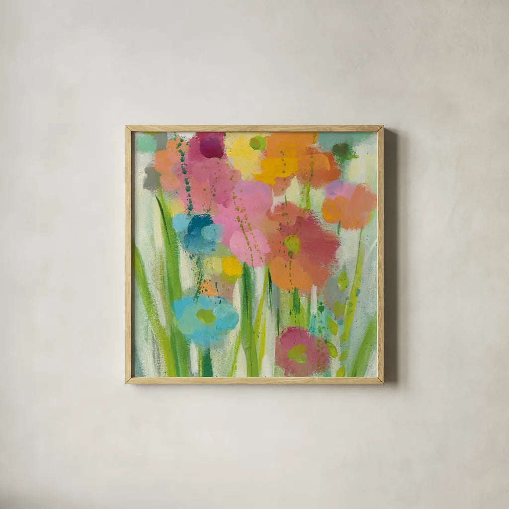 Longstem Bouquet I Square II by Silvia Vassileva. Shown in a natural wood glass frame for a timeless modern aesthetic. Available as an archival giclee rolled canvas, fine art paper, or poster print. SKU 36441a.