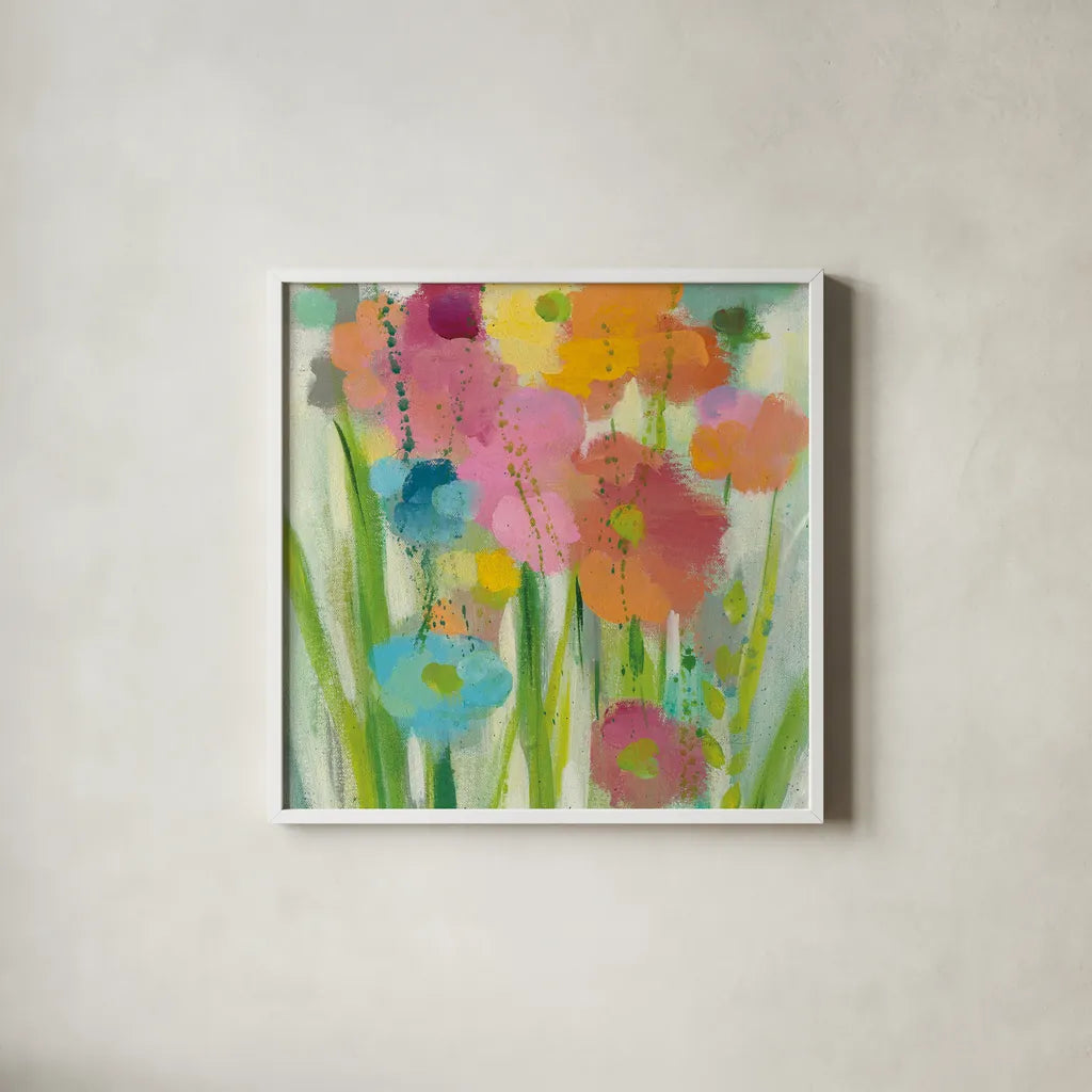 Longstem Bouquet I Square II by Silvia Vassileva. Shown in a crisp white glass frame for a clean and minimalist style. Available as an archival giclee rolled canvas, fine art paper, or poster print. SKU 36441a.
