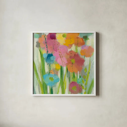 Longstem Bouquet I Square II by Silvia Vassileva. Shown in a crisp white glass frame for a clean and minimalist style. Available as an archival giclee rolled canvas, fine art paper, or poster print. SKU 36441a.