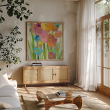 Longstem Bouquet I Square II by Silvia Vassileva. Shown in a natural wood frame in a cozy modern living room. Available as an archival giclee rolled canvas, fine art paper, or poster print. SKU 36441a.