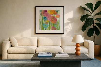 Longstem Bouquet I Square II by Silvia Vassileva. Displayed in a glass frame with matte in a clean modern living room. Available as an archival giclee rolled canvas, fine art paper, or poster print. SKU 36441a.