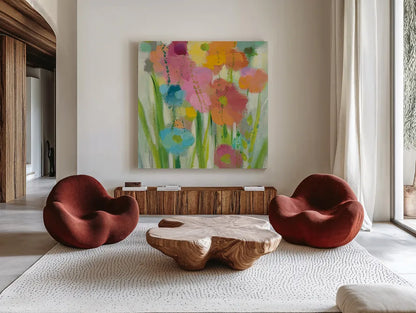 Longstem Bouquet I Square II by Silvia Vassileva. Shown as extra-large giant wall art in a modern living room. Available as an archival giclee rolled canvas, fine art paper, or poster print. SKU 36441a.