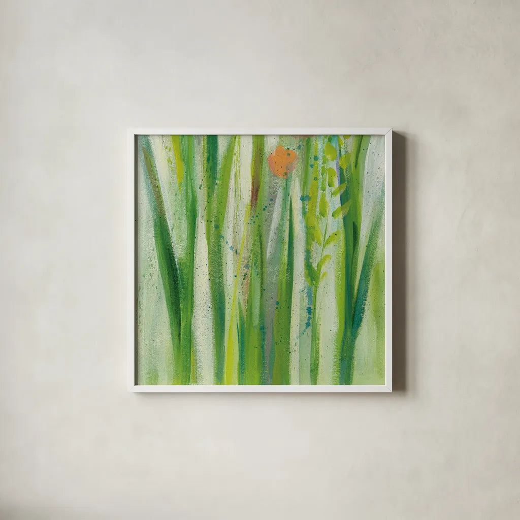 Longstem Bouquet I Square III by Silvia Vassileva. Shown in a crisp white glass frame for a clean and minimalist style. Available as an archival giclee rolled canvas, fine art paper, or poster print. SKU 36442a.