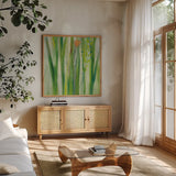 Longstem Bouquet I Square III by Silvia Vassileva. Shown in a natural wood frame in a cozy modern living room. Available as an archival giclee rolled canvas, fine art paper, or poster print. SKU 36442a.