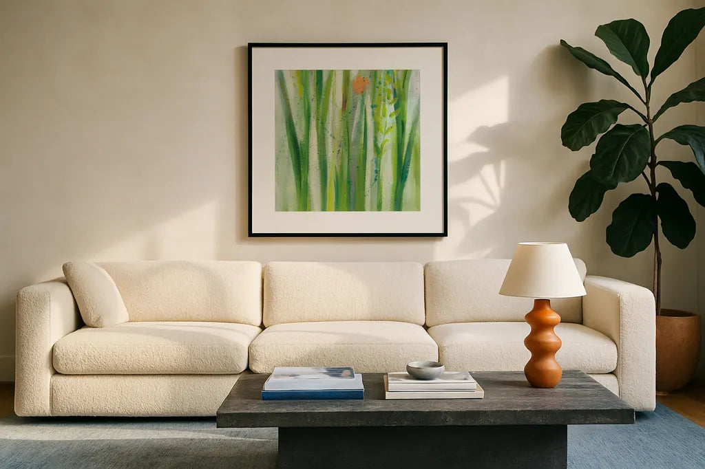 Longstem Bouquet I Square III by Silvia Vassileva. Displayed in a glass frame with matte in a clean modern living room. Available as an archival giclee rolled canvas, fine art paper, or poster print. SKU 36442a.