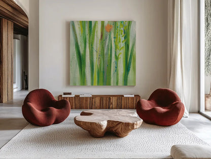 Longstem Bouquet I Square III by Silvia Vassileva. Shown as extra-large giant wall art in a modern living room. Available as an archival giclee rolled canvas, fine art paper, or poster print. SKU 36442a.