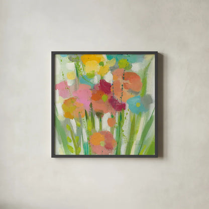 Longstem Bouquet II Square II by Silvia Vassileva. Shown in a sleek black glass frame for a contemporary gallery look. Available as an archival giclee rolled canvas, fine art paper, or poster print. SKU 36444a.