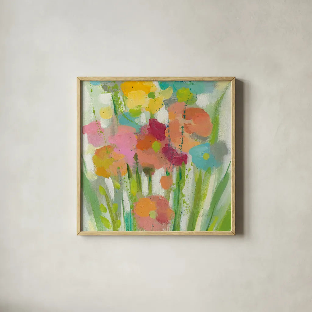Longstem Bouquet II Square II by Silvia Vassileva. Shown in a natural wood glass frame for a timeless modern aesthetic. Available as an archival giclee rolled canvas, fine art paper, or poster print. SKU 36444a.