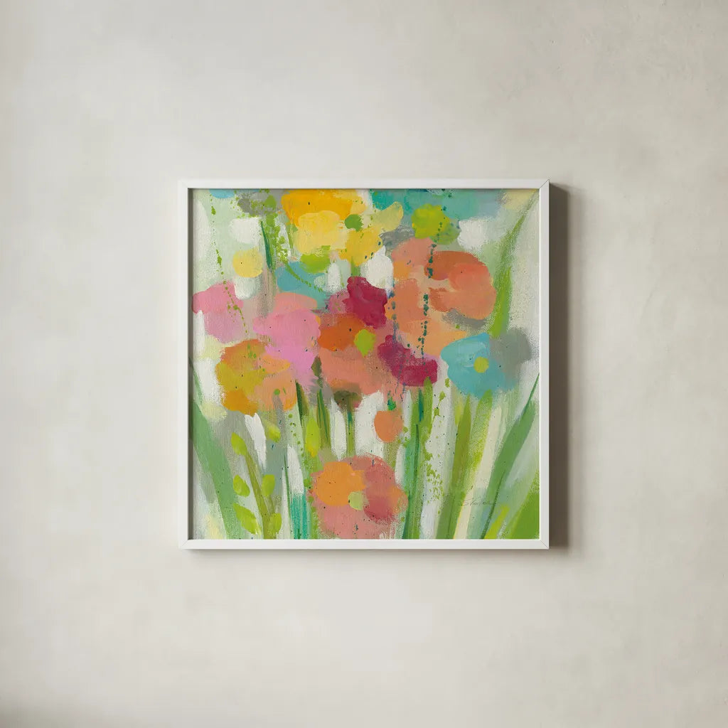Longstem Bouquet II Square II by Silvia Vassileva. Shown in a crisp white glass frame for a clean and minimalist style. Available as an archival giclee rolled canvas, fine art paper, or poster print. SKU 36444a.