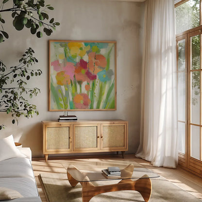Longstem Bouquet II Square II by Silvia Vassileva. Shown in a natural wood frame in a cozy modern living room. Available as an archival giclee rolled canvas, fine art paper, or poster print. SKU 36444a.