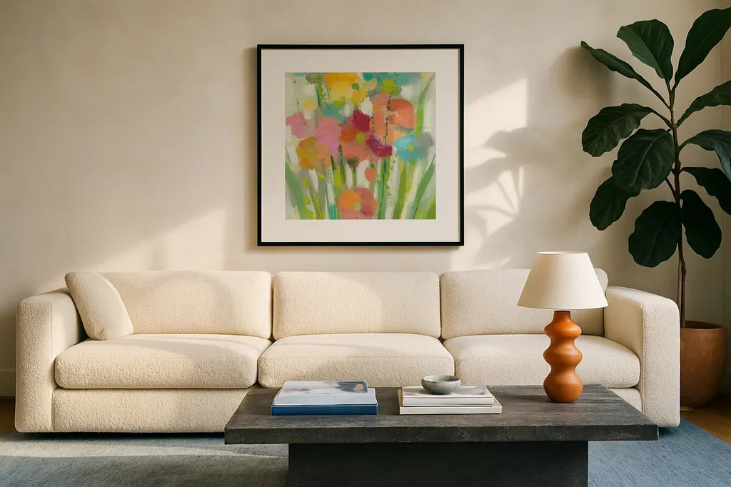 Longstem Bouquet II Square II by Silvia Vassileva. Displayed in a glass frame with matte in a clean modern living room. Available as an archival giclee rolled canvas, fine art paper, or poster print. SKU 36444a.