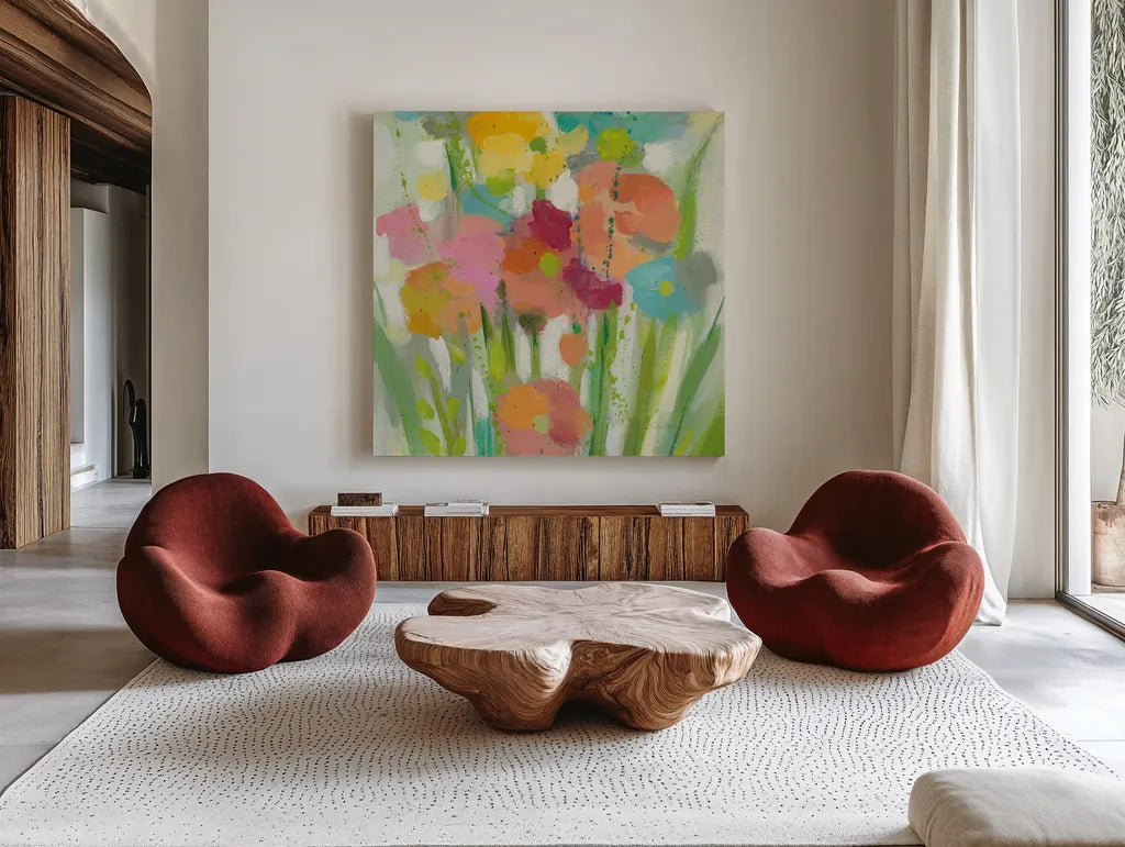 Longstem Bouquet II Square II by Silvia Vassileva. Shown as extra-large giant wall art in a modern living room. Available as an archival giclee rolled canvas, fine art paper, or poster print. SKU 36444a.